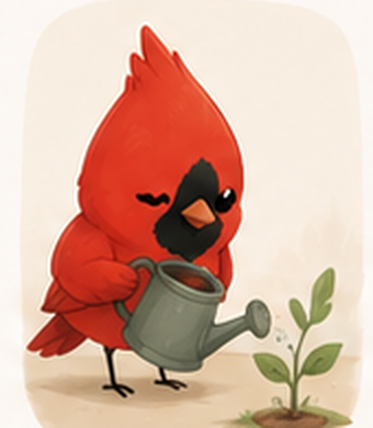 Pip the cardinal watering a small seedling